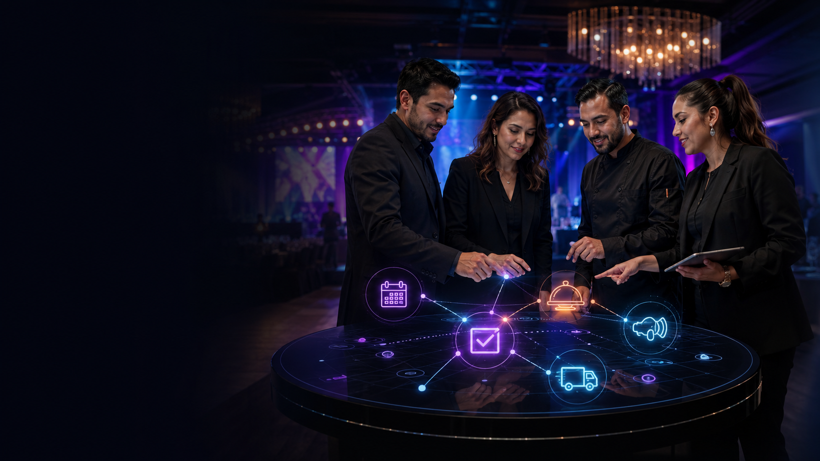 Equipo multidisciplinario de producción, catering y audiovisual coordinando un evento alrededor de una mesa interactiva