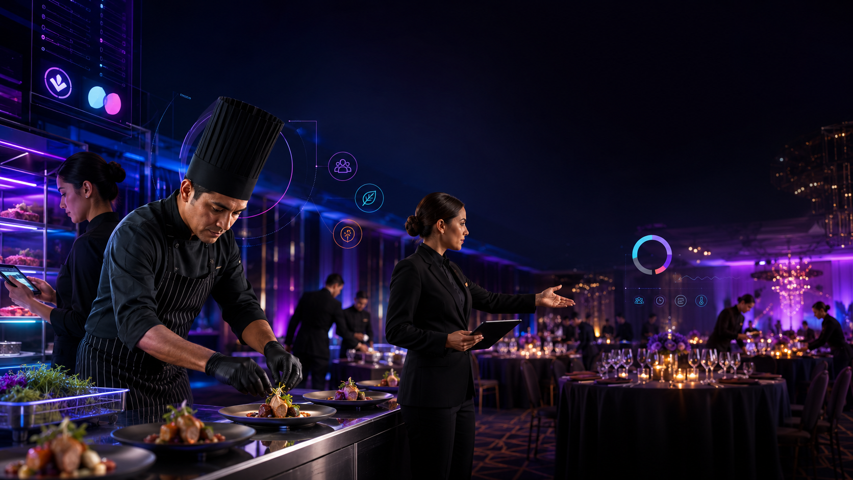 Chef y capitana de servicio preparando el emplatado de un banquete durante un evento